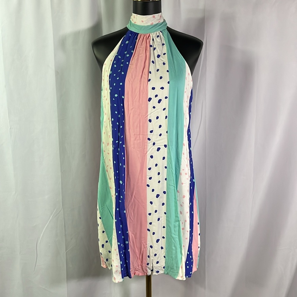 NWT Emily Wonder Pastel Striped Polka Dot Sleeveless High Neck Party Dress